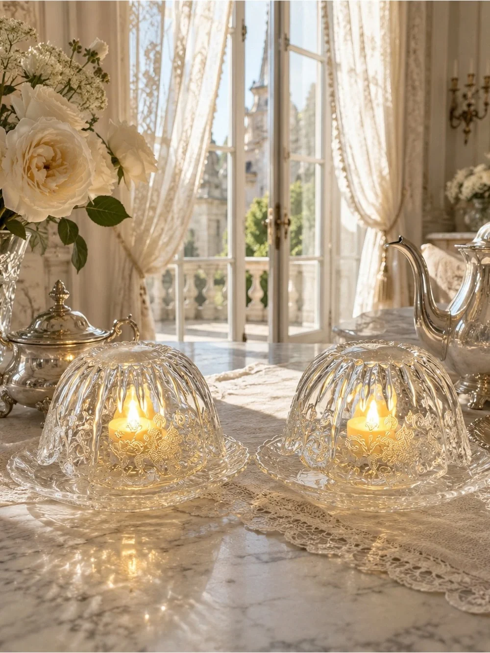 Pair of Vintage Versailles Etched Glass Fairy Lamps | Cream Soup Bowls & Saucers
